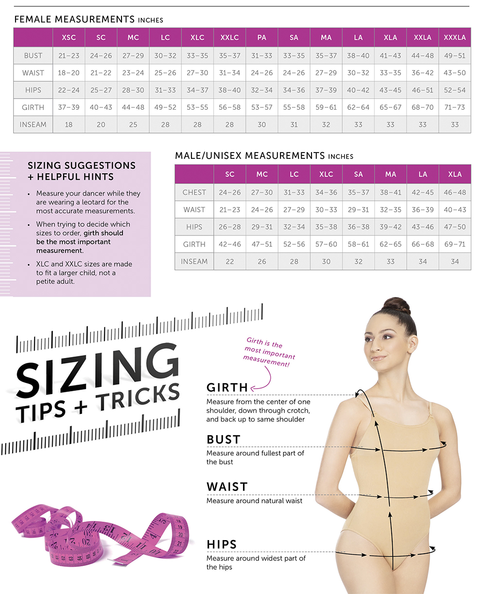 Costume sizing charts and measuring tips.